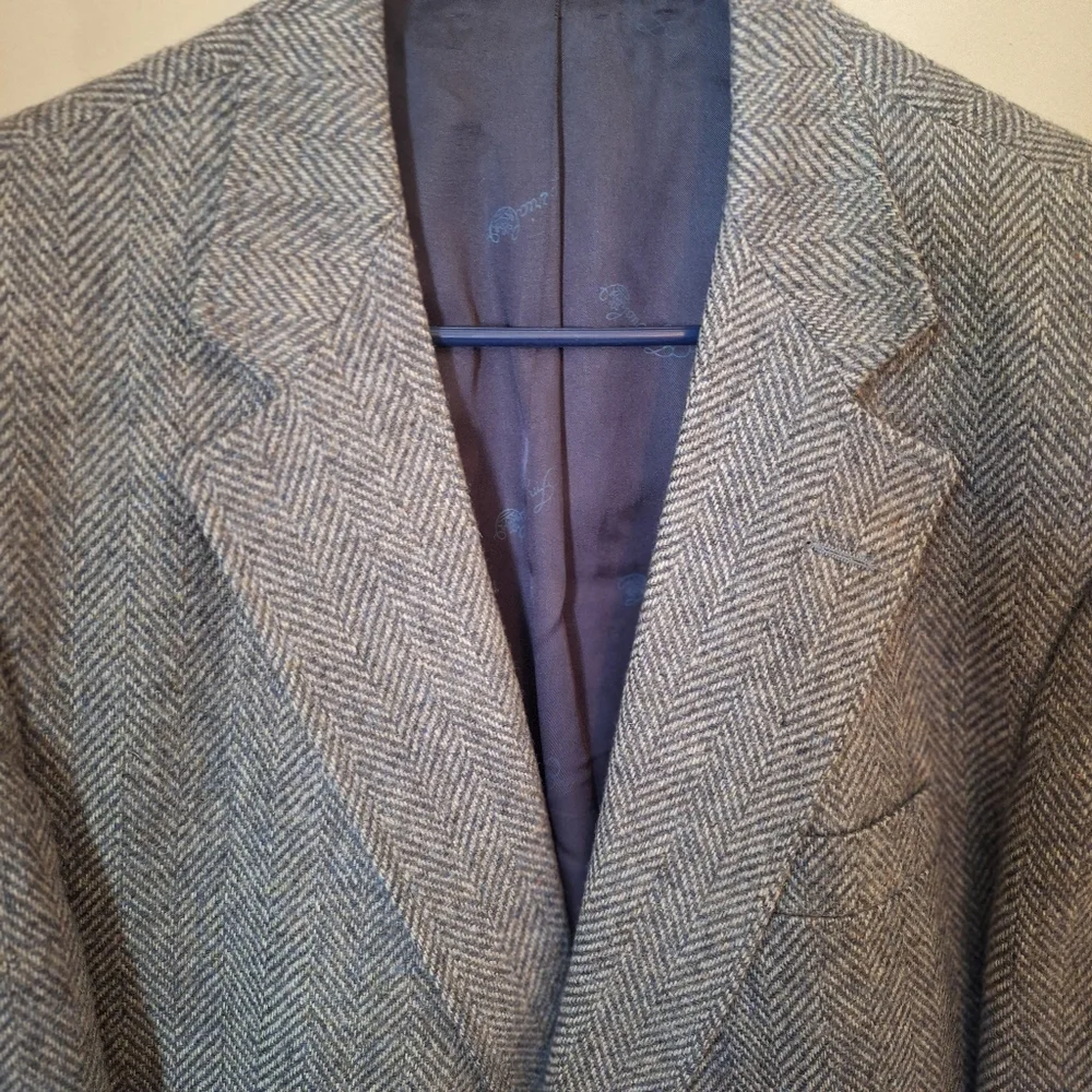 Vintage Gray Wool Herringbone Suit Coat Blazer with Elbow Patches 44 L